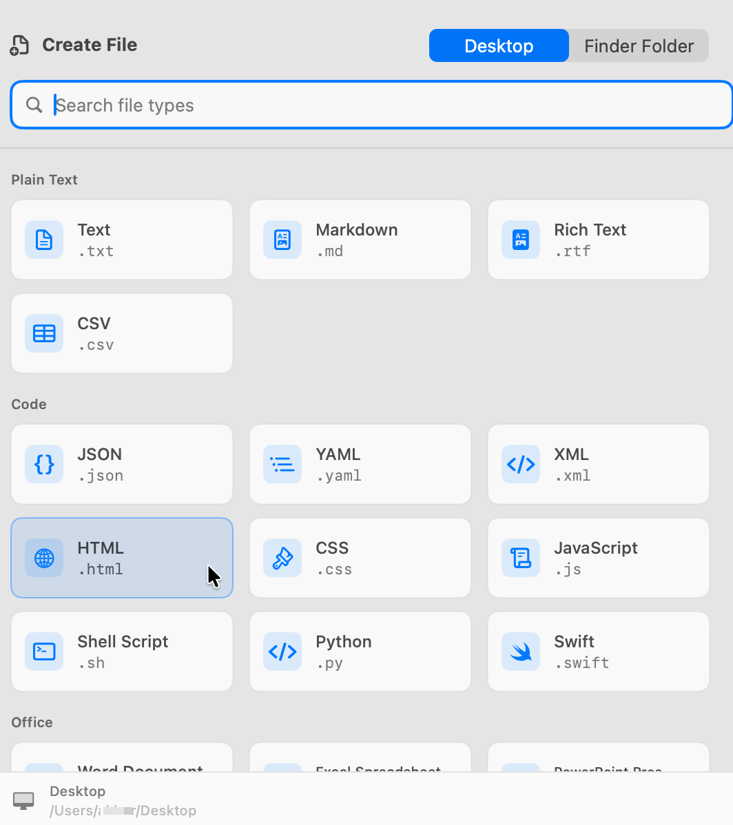 CreateFiles+ app window showing file creation options