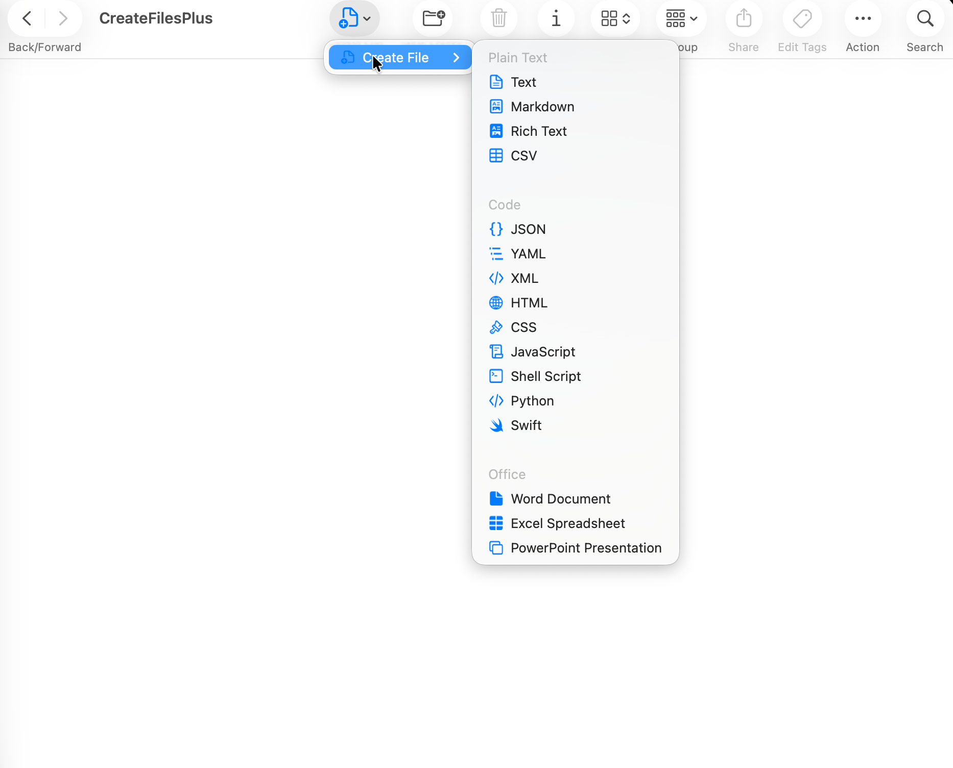 CreateFiles+ app window showing file creation options