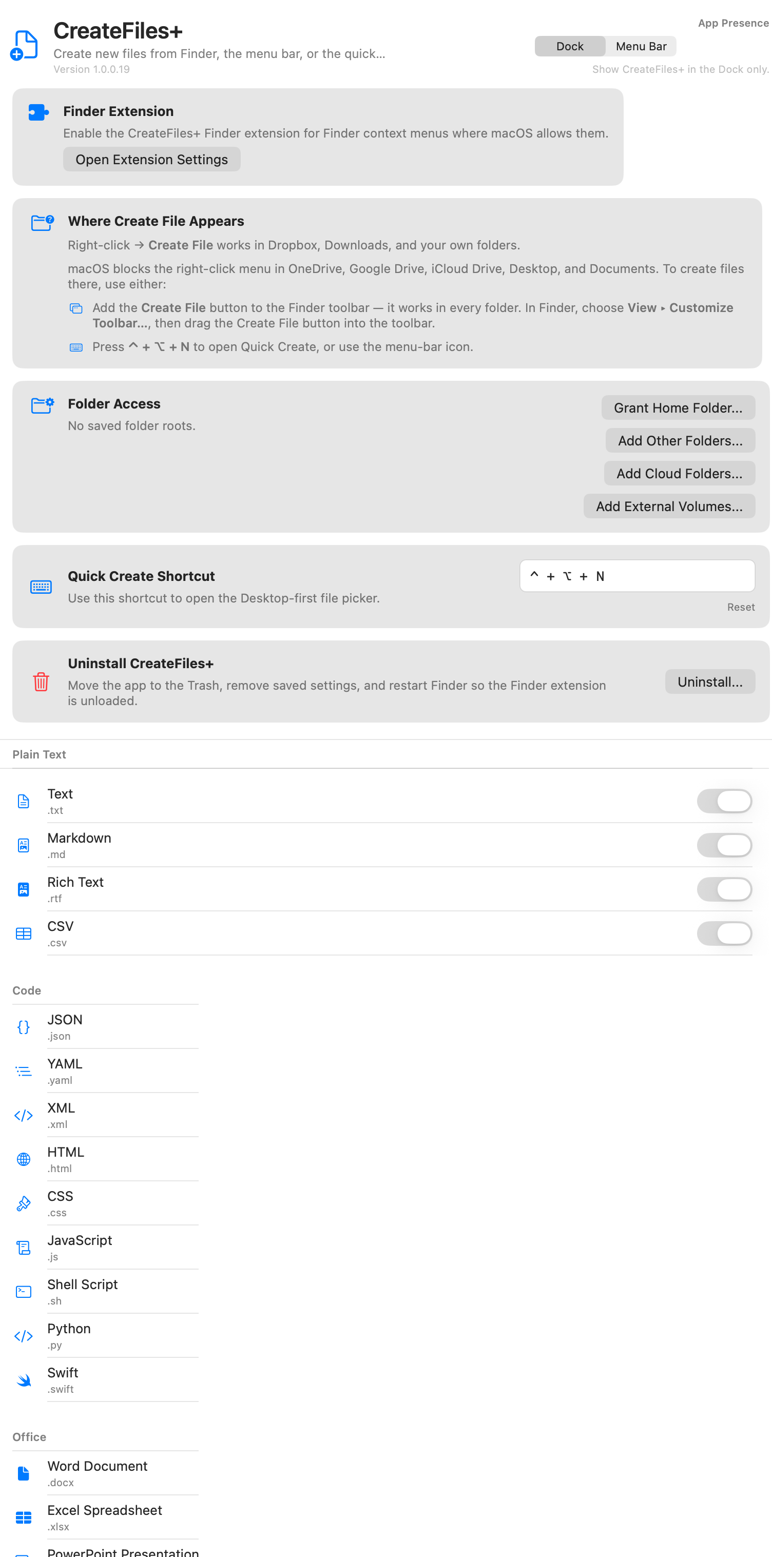 CreateFiles+ app window showing file creation options